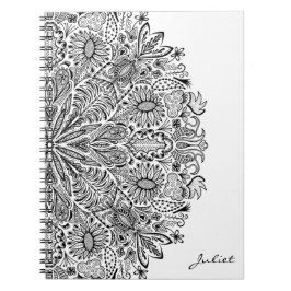 Caderno Espiral Elegante Floral Mandala Art Black and White Circle