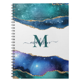 Caderno Espiral Elegante Geodo Azul Ágata Monogramado Brilho Doura