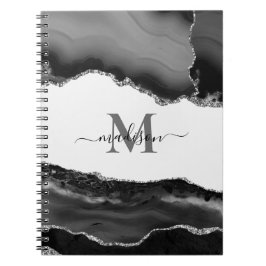 Caderno Espiral Elegante Geodo de Ágata Monograma Brilho Prata