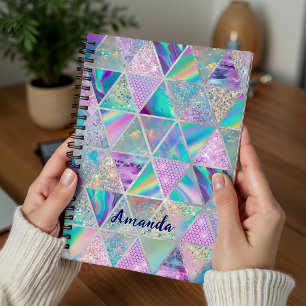 Caderno Espiral Elegante geométrico holográfico falso prateado tre