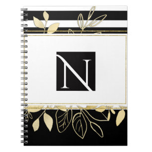 Caderno Espiral Elegante Glamour Botânico Moderno Preto Dourado