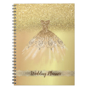 Caderno Espiral Elegante Glitter Dourado Bokeh, Vestido, Renda