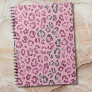 Caderno Espiral Elegante Glitter Leopardo Rosa Prateado em Dourado