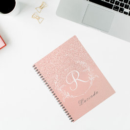 Caderno Espiral Elegante Glitter Monograma em Rosa Dourado