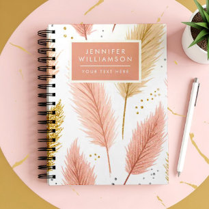 Caderno Espiral Elegante Grama de Pampas Rosa e Dourado Brilhante
