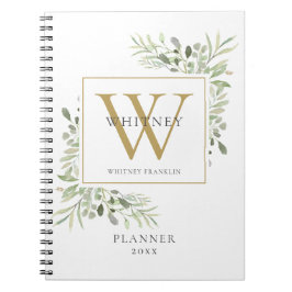 Caderno Espiral Elegante Greenery Monograma Name Planner 2021