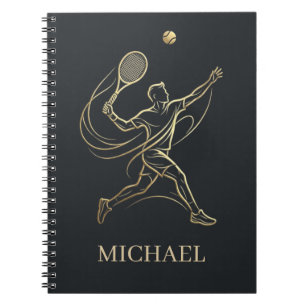 Caderno Espiral Elegante Jogador de Ténis Dourado com Nome Persona