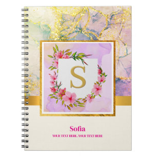 Caderno Espiral Elegante Líquido Azul Rosa Mármore Dourado Monogra