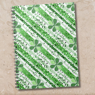 Caderno Espiral Elegante Listras Brancas Verde Trevo Brilho