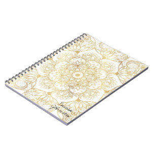 Caderno Espiral Elegante Mandala Floral em Ouro Branco