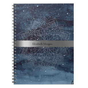 Caderno Espiral Elegante Mandala Prateado Moderno com Faixa Azul-M