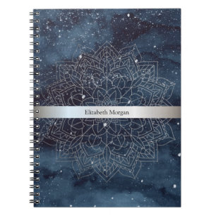 Caderno Espiral Elegante Mandala Prateado Moderno com Faixa Azul-M