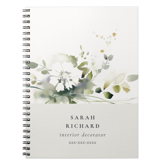 Caderno Espiral Elegante Moderno Boho Abstrato Verde Floral Branco (Frente)