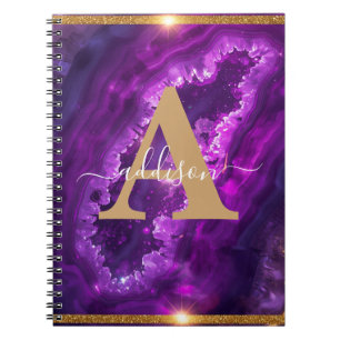 Caderno Espiral Elegante Moderno Glitter de Ágata Dourado Roxo Mon