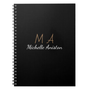 Caderno Espiral Elegante Moderno Monograma Dourado Preto Minimalis