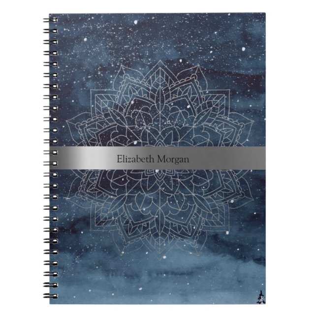 Caderno Espiral Elegante moderno prata mandala Marinho azul (Frente)