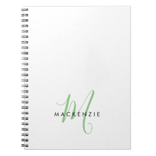 Caderno Espiral Elegante Monograma Branco Moderno em Verde Script