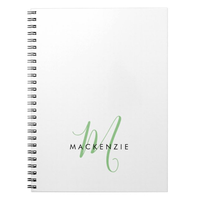 Caderno Espiral Elegante Monograma Branco Moderno em Verde Script (Frente)