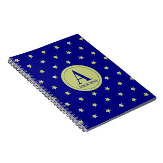 Caderno Espiral Elegante Monograma com Estrelas em Ouro e Azul