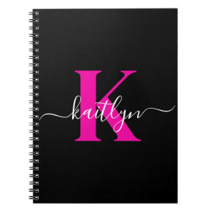 Caderno Espiral Elegante Monograma de Letra Cursiva Preta e Rosa