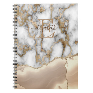 Caderno Espiral Elegante Monograma de Mármore Creme com Brilho Dou