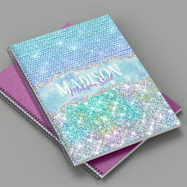 Caderno Espiral Elegante Monograma de massa falsa do Turquoise uni