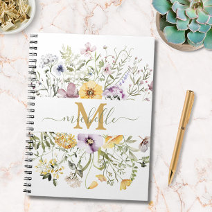 Caderno Espiral Elegante Monograma de Verão de Prado Floral de Flo