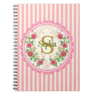 Caderno Espiral Elegante Monograma Floral Listrado Rosa Vintage