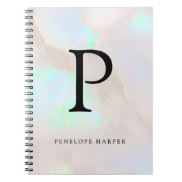 Caderno Espiral Elegante Monograma Iridescente de Opala Holográfic