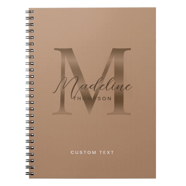 Caderno Espiral Elegante Monograma Marrom Dourado em Taupe Metálic (Frente)