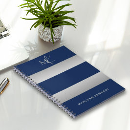 Caderno Espiral Elegante Monograma Personalizado em Prata Azul-Nav
