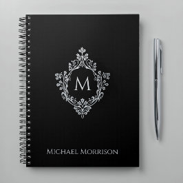 Caderno Espiral Elegante Monograma Preto com Falso Relevo Prata Vi