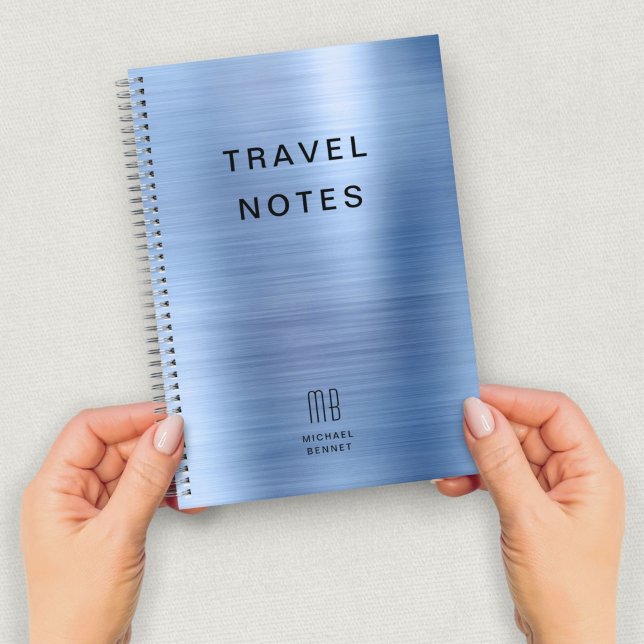 Caderno Espiral Elegante Monograma Viagem Azul (Elegant Monogram Blue Travel Notebook)