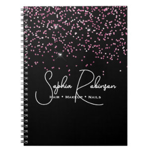 Caderno Espiral Elegante Negócios de Salão de Glitter Preto e Rosa