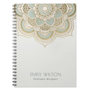 Caderno Espiral Elegante Ornamentado Dourado Turquesa Teal Turques