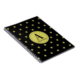Caderno Espiral Elegante Padrão de Estrela Monograma em Ouro e Pre