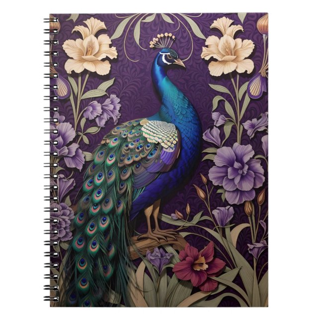 Caderno Espiral Elegante Peacock Em Purple William Morris Inspirou (Frente)