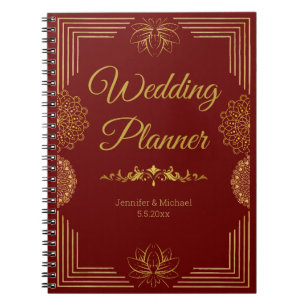 Caderno Espiral elegante planejador de casamento vermelho-indiano