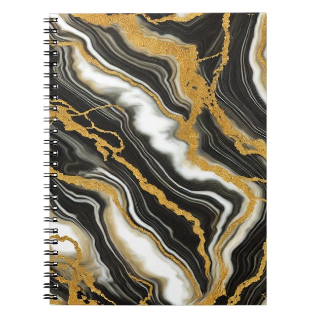 Caderno Espiral Elegante Preto Branco com Visual de Mármore em Dou (Frente)