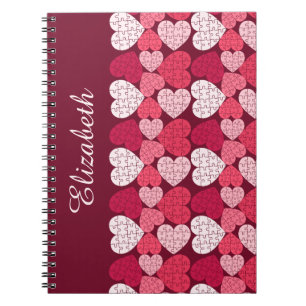 Caderno Espiral Elegante Red Pink Quebra-cabeça Heart Pattern Name