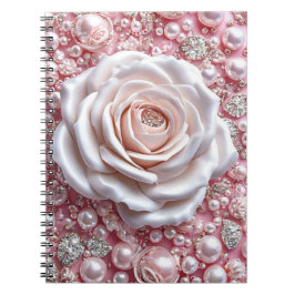 Caderno Espiral Elegante Rosa Branca e Pérolas Rosa Brilhantes