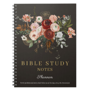 Caderno Espiral Elegante Rosa de Ouro Preto Estudo Bíblico Floral