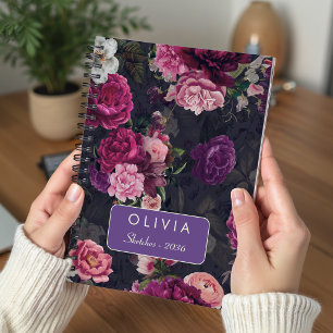 Caderno Espiral Elegante Rosa Preto Rosas Florais Monogramadas