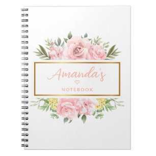 Caderno Espiral Elegante Rosa Rosa Floral Nome Personalizado