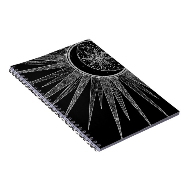 Caderno Espiral Elegante Sun Moon Mandala Black Design (Lado Direito)