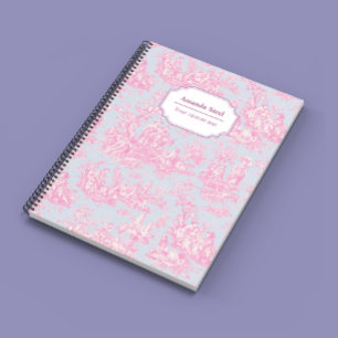 Caderno Espiral Elegante Toile de Jouy Floral Azul Rosa Francês
