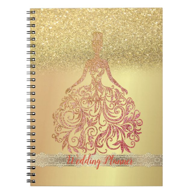 Caderno Espiral Elegante Trendy Dourada Glitter Bokeh, Vestido, La (Frente)