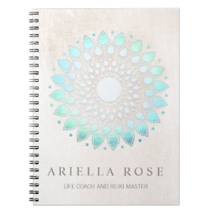 Caderno Espiral Elegante Turquesa Azul Floral Lotus White Marble