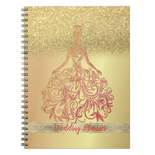 Caderno Espiral Elegante vestido trendy dourado com brilho Bokeh, 