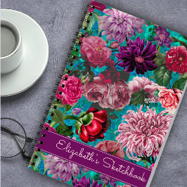 Caderno Espiral Elegante Vintage aqua azul Monograma floral